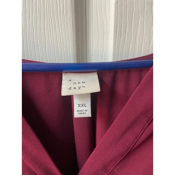 A New Day Dress WomesPlus XXL Burgundy Knee Length V Neck Bishop Sleeves Tie - Picture 5 of 10